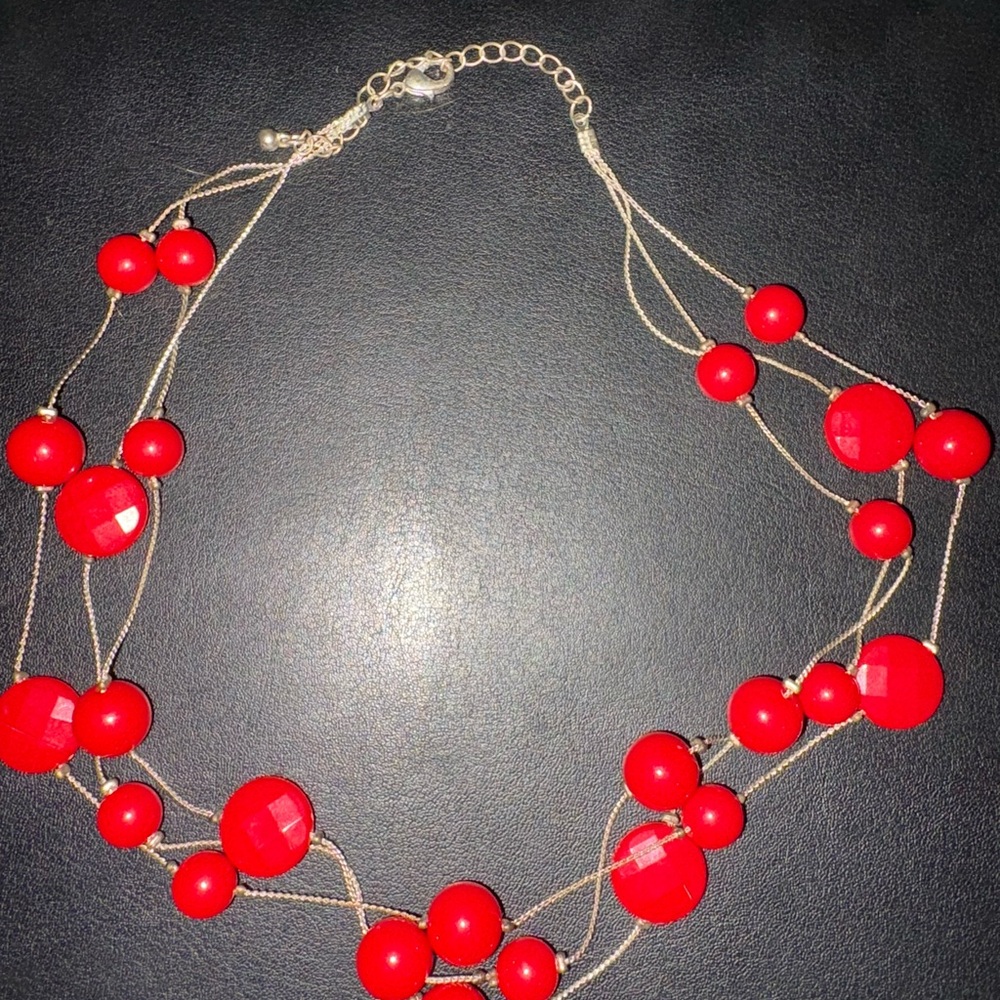 Elegant Red Beaded Statement Necklace Silver Tone Formal Holiday Jewelry